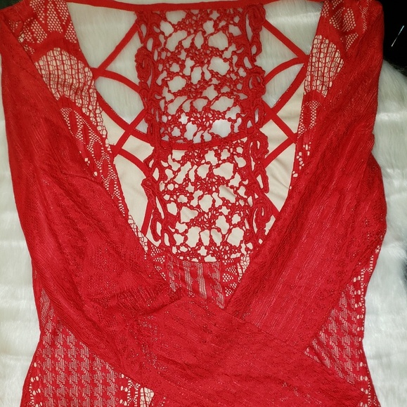 Red Embroidered Dress with Inner Cream Layer - Picture 5 of 8